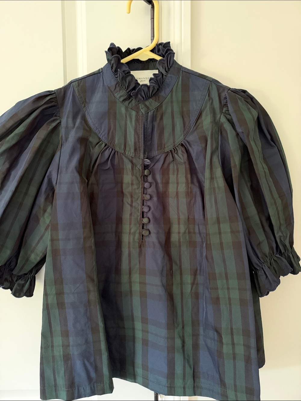 Pomander Place Black and Green Plaid Ruffle Neck Puff Sleeve Blouse